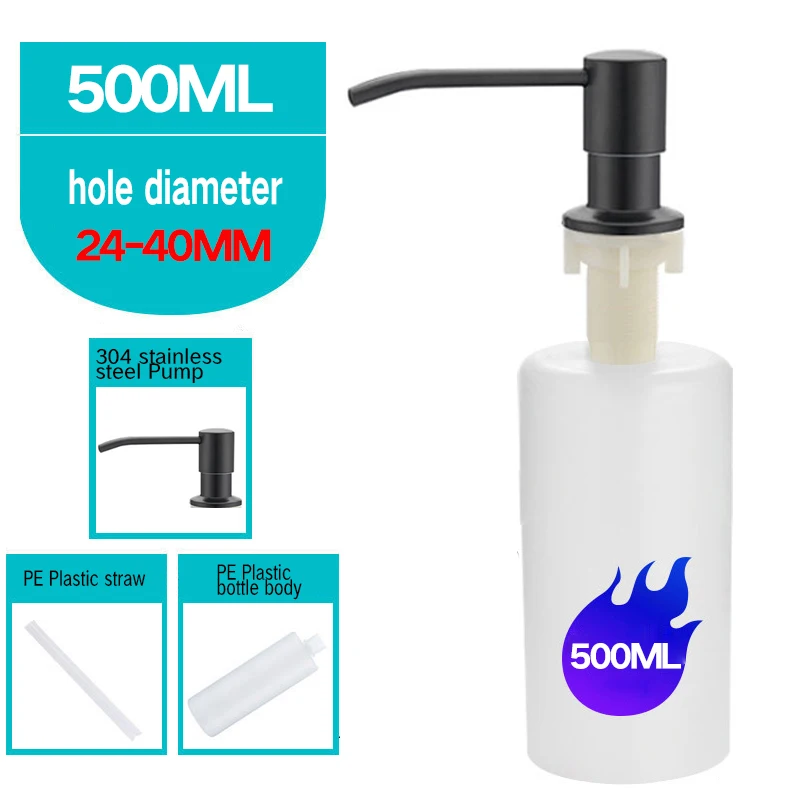 Distributeur Savon Encastrable Noir, Distributeur Savon Cuisine pour Évier, Distributeur Liquide Vaisselle avec Bouteille 500 ML, Écrou Métal