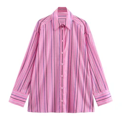 PB&ZA 2024 Women's Summer European and American Style Loose and Simple Versatile Striped Polo Collar Split Long sleeved Shirt