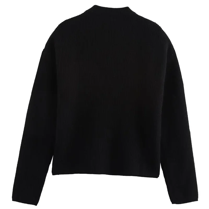 TRAF Crop Knit Pullover Women's Sweater Autumn Winter Off Shoulder Long Sleeve Top Black Round Neck Short Sweaters New Knitwears