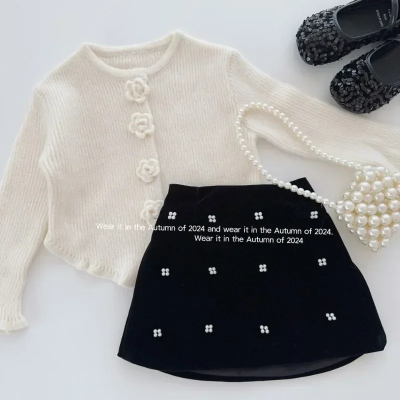 High Grade Kids Baby Girls Skirts Cute Pearl Flower Velvet Skirt Mini Toddler Kawaii Princess Skirt Black 90-150cm