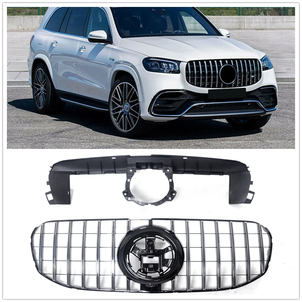 

For Mercedes Benz X167 GLS-Class 2020-2024 GLS450 GLS580 Silver/Black Grill Front Grille GT Car Upper Bumper Hood Mesh W/ Holder