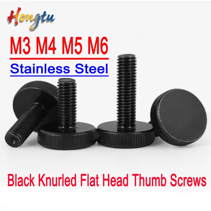 2-10pcs A2 Stainless Steel Black Knurled Flat Head Thumb Screws – Hand-Tightenable, M3/M4/M5/M6, Lengths 6/8/10 to 30mm