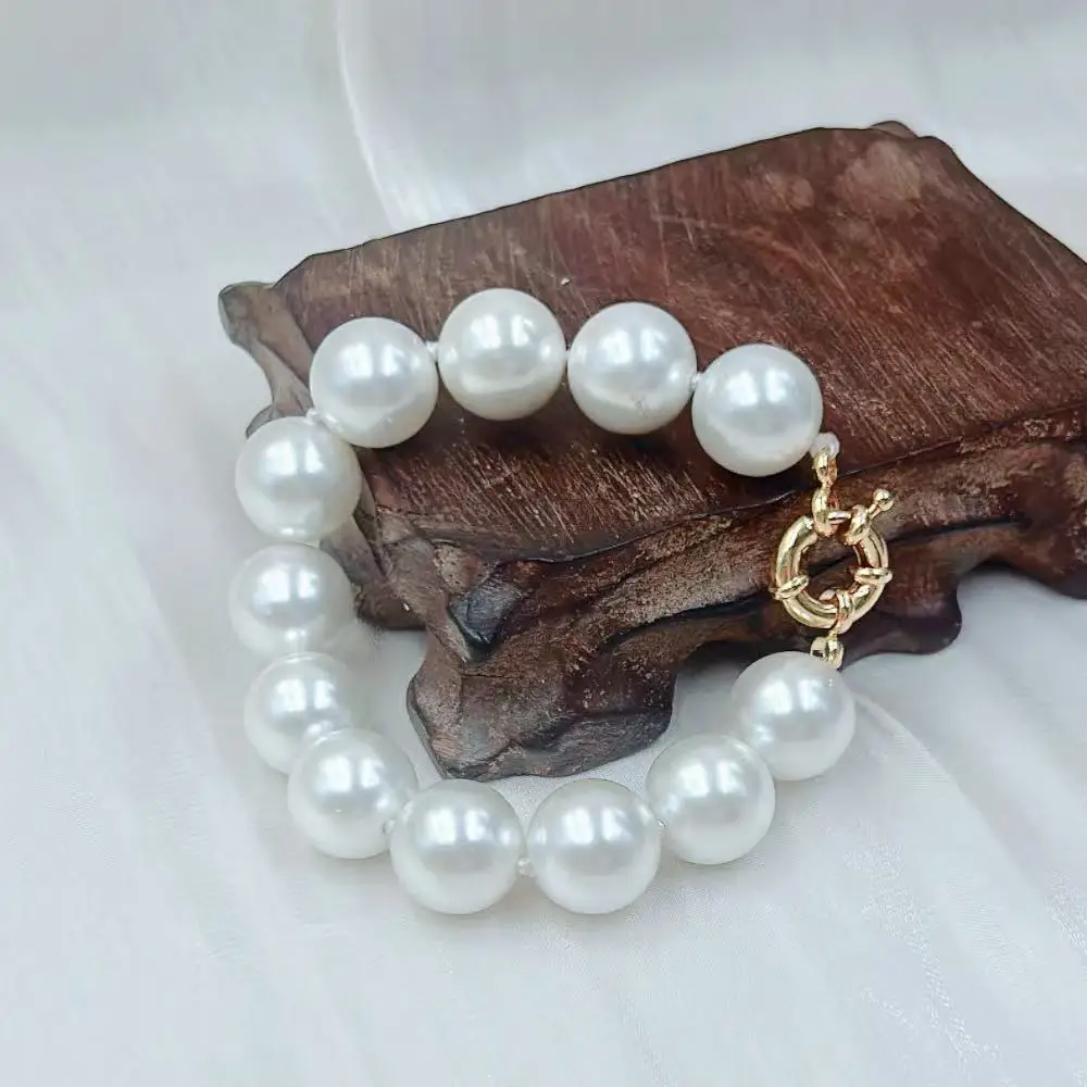 14mm Exaggerated Large Round White Natural Shell Pearl Beads Women Jewelry Elastic Bracelet 7-9inch
