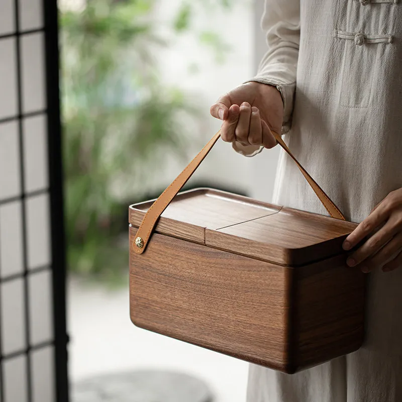 Walnut solid wood tea set storage box, one pot and two cups of travel tea set, portable bag, outdoor picnic tea set storage box
