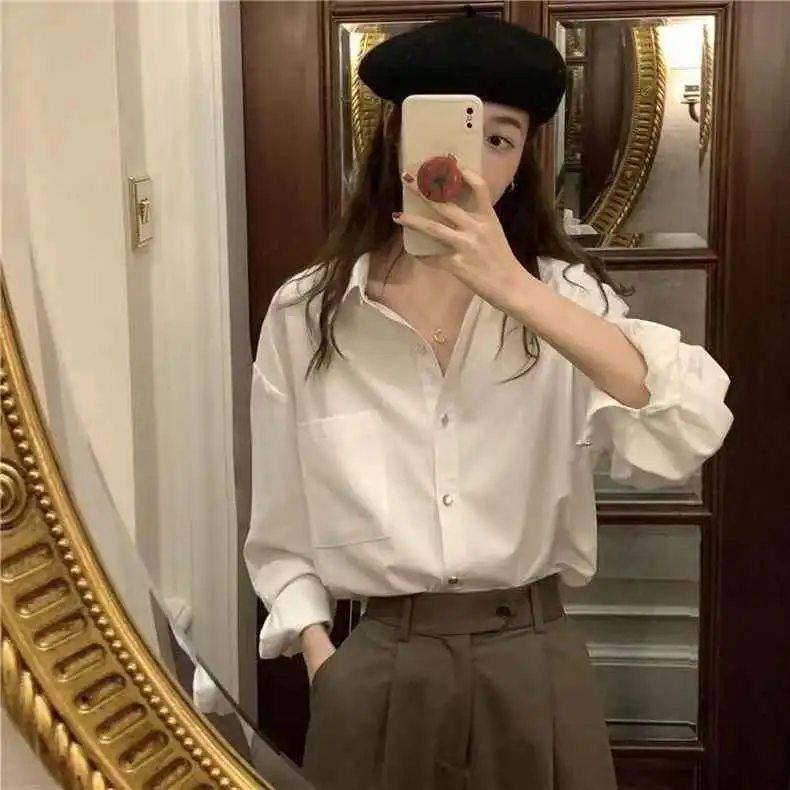 

Long Sleeve Shirts Womens Satin Peter Pan Collar Slim Fit Ruffled Trim Feminine Preppy Minimalist Spring Daily Wear