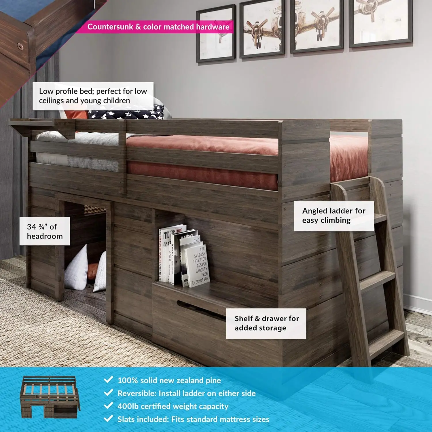 Max & Lily loteng tempat tidur kembar kayu Solid penyimpanan tangga Modern rumah pertanian anak-anak Barnwood coklat anak-anak balita