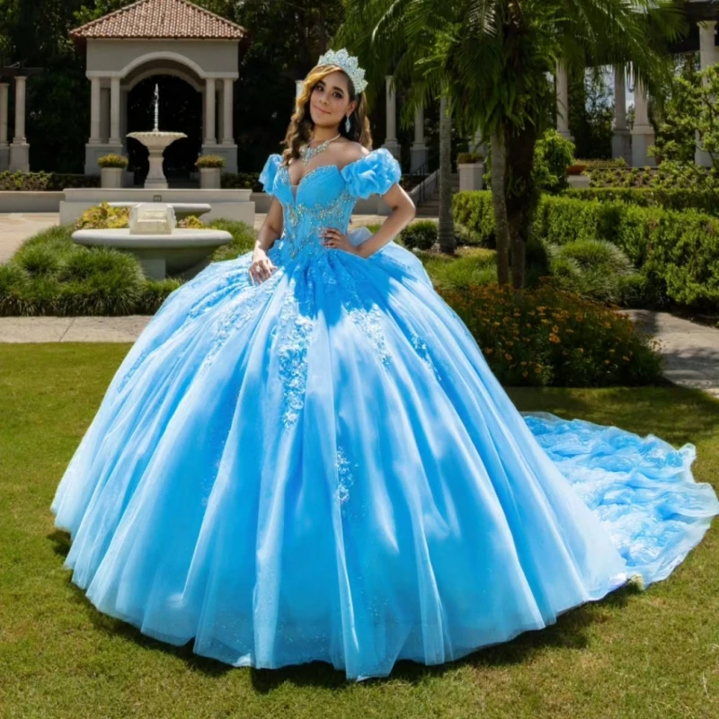 

Sky Blue Shiny Quinceanera Dresses Off The Shoulder Applique Lace Beading Crystal Corset Tull Party Birthday Sweet 16 Dress