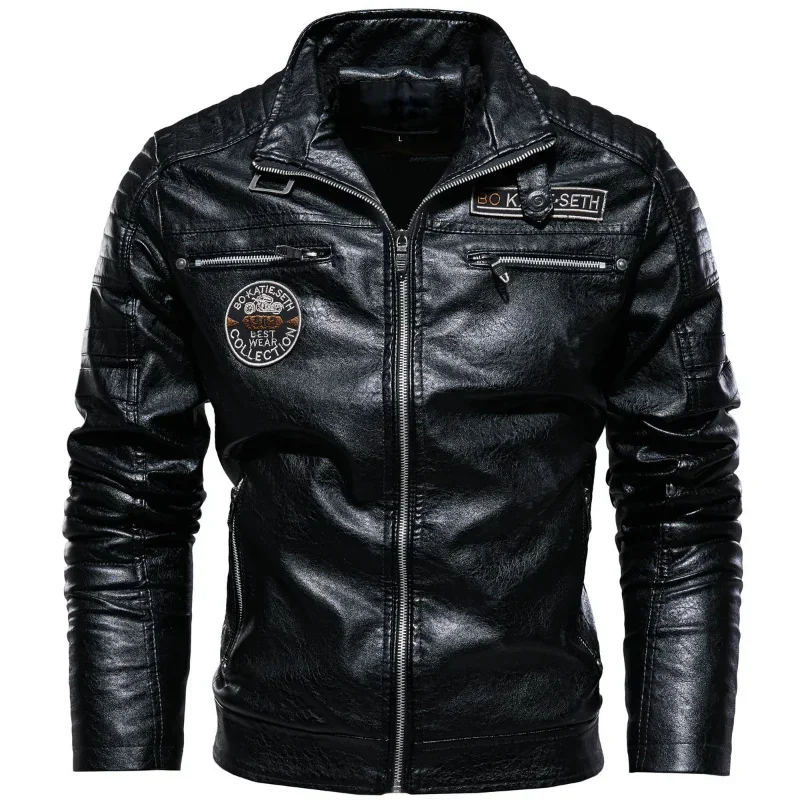 Men's Leather Jacket Men's Winter Fleece Men's Stand Collar Biker Casual Windproof Slim Fit Jacket Fleece Leather Jacket