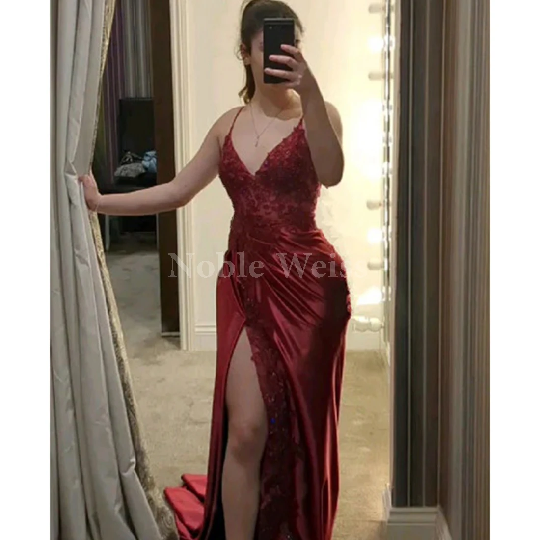 

Elegant V Neck Satin Evening Dress Mermaid Appliques Beades Gown Party Wear Customize