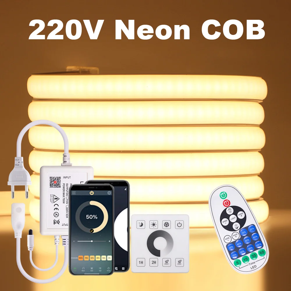 

Wall Touch COB LED Neon Strip Light 220V Wifi Bluetooth 23key Remote Control Power Kit Dimmable 288 LEDs Flexible Silicone Lamp