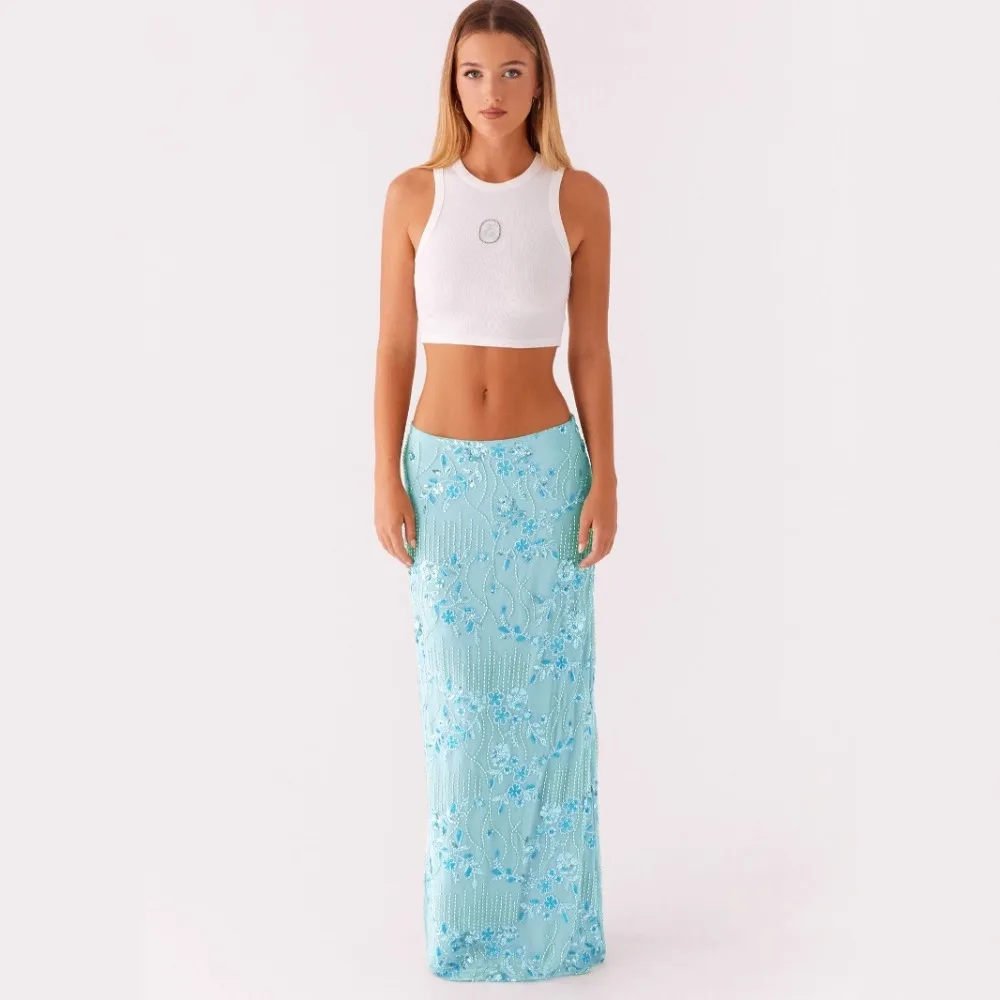 Women Y2k Sequin Long Skirt Sparkly Beaded Floral Maxi Skirt Rhinestone Glitter Midi Skirt Streetwear Party Clubwear