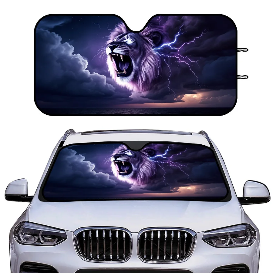 Multi-Functional Foldable Car Window Sunshade, 3 Sizes, Lion Head With Lightning Design, UV Protection, For Front Windshield, Su