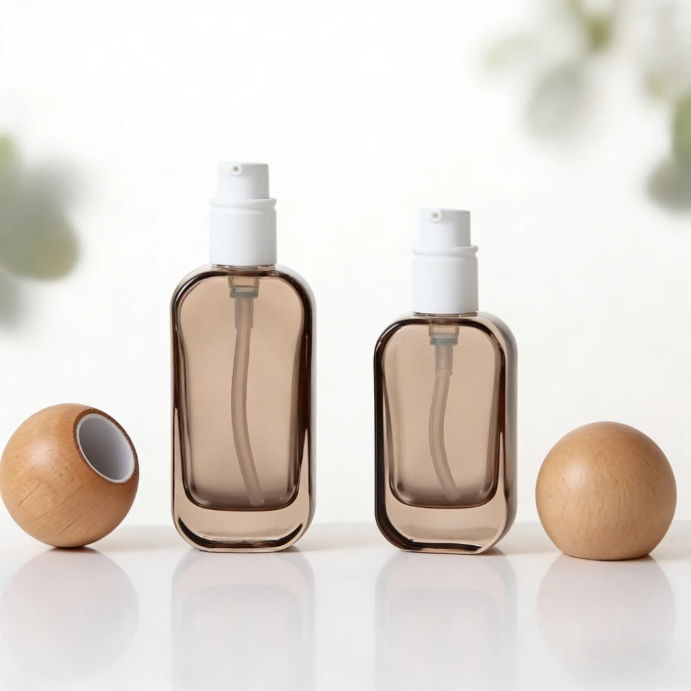 6 Stück Pumpflaschen für Lotion aus Glas mit Holzdeckel, DIY-Behälter für ätherische Öle, Creme-Lotion-Tiegel, nachfüllbare Reise-Pressflasche – Detail 6