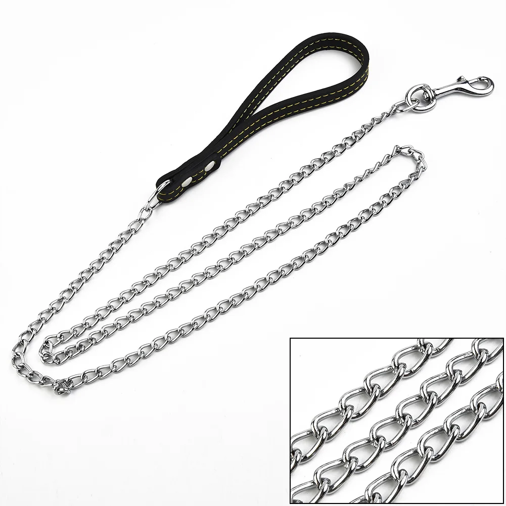 Metal Chain Dog Lead With Leather Dog Harness Leash Style Handle Strong Control Leash Outdoor Security Training Dog Harness Supp