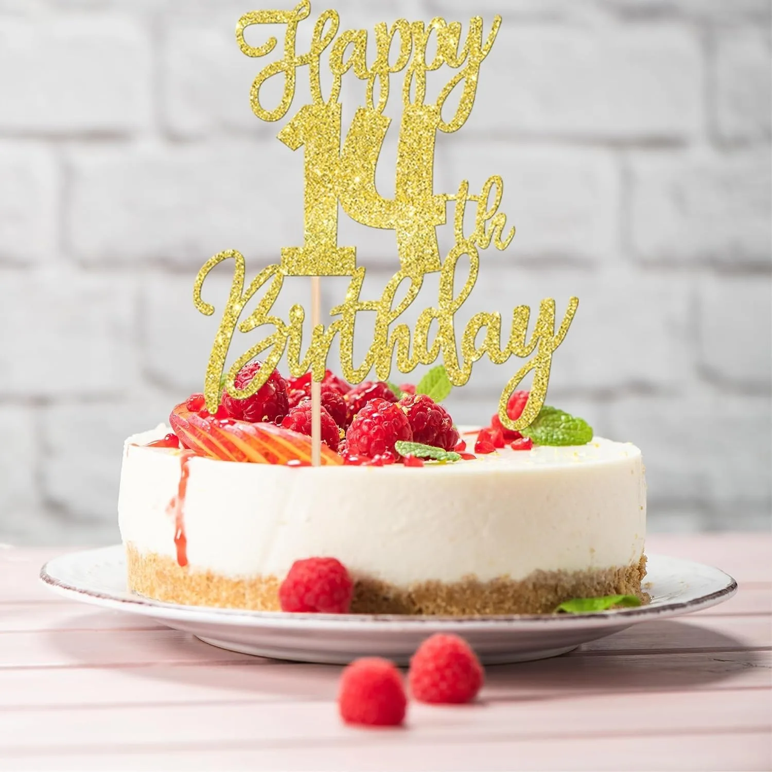 1 Stück goldener Glitzer-Kuchenaufsatz zum 14. Geburtstag – Prost bis 14 Jahre, vierzehn Hallo 14 Kuchendekoration – Detail 5