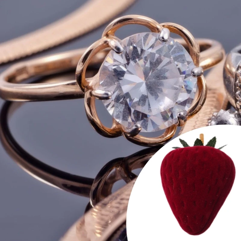 Strawberry Flocking Ring Jewelry Box Earring Ear for Case Gift Contain N0HE