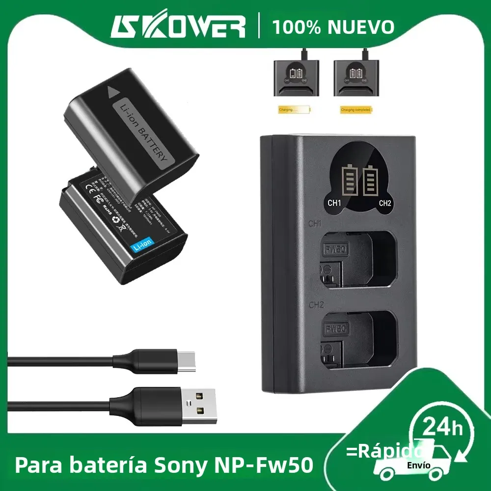 Batería NP-FW50 para Cámaras Sony A5100 A6000 A6100 A6300 A6400 A6500 A7II A7RII A7SII NEX-3 5 7 ZV-E10 RX10 NPFW50 con Cargador Doble