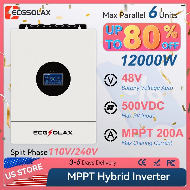 

ECGSOLAX 12KW 48V Hybrid Solar Inverter 110V/240V Split Phase Pure Sine Wave Inverter With MPPT 200A Charging controller PV 500V