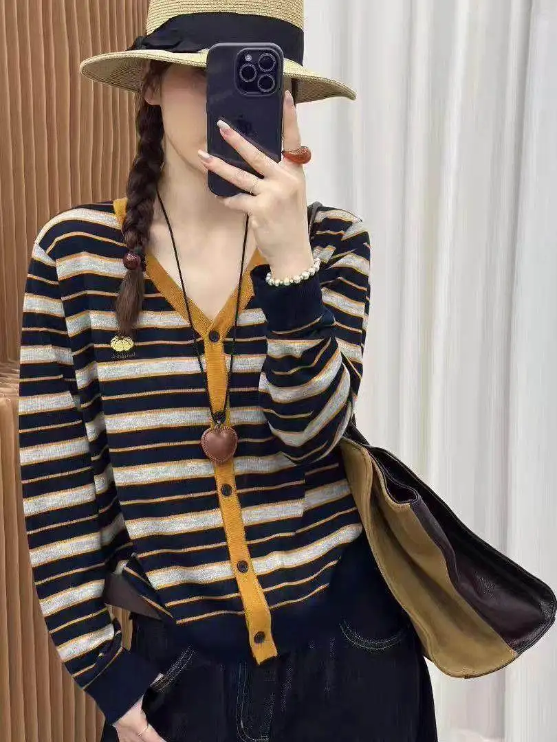 Korean Style V-Neck Long Sleeve Knitted Open Cardigan Soft Autumn Fashion Pumpkin Embroidery Striped Knitwear Women