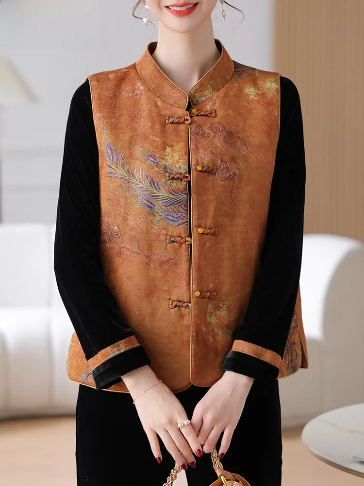 

New Chinese Style Women's Velvet Set Golden Silk Velvet Loose Fit Spring Autumn Top for Middle-Aged And Elderly Fashionable T...
