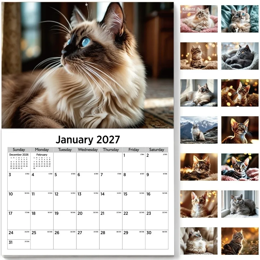 Portable 2027 English Wall Calendar 12-Month Thick Paper Coil Calendar Monthly Planner To Do List Hanging Calendar New Year Gift