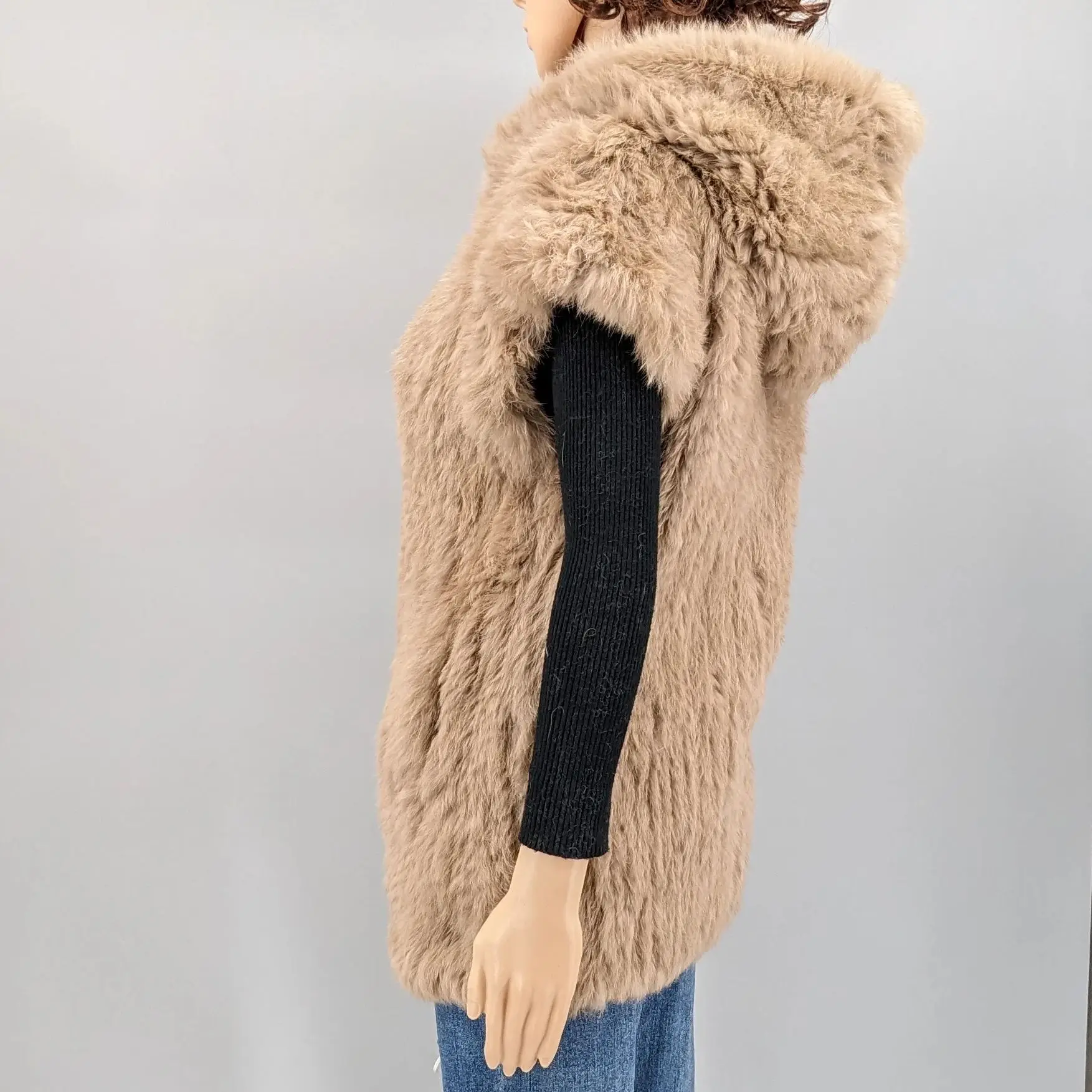 Damska kamizelka ze skóry królika rex, średniej długości, z kapturem, na jesień i zimę, długość 70 cm, 250210