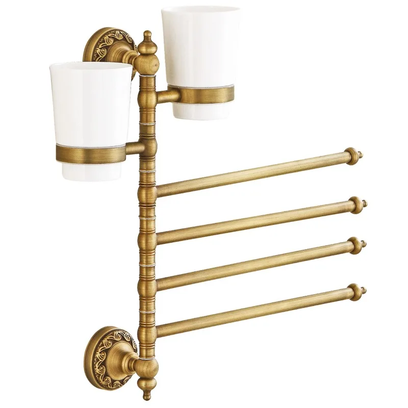 

Antique brass rotating toothbrush movable towel hanging rod, European retro bathroom hardware pendant
