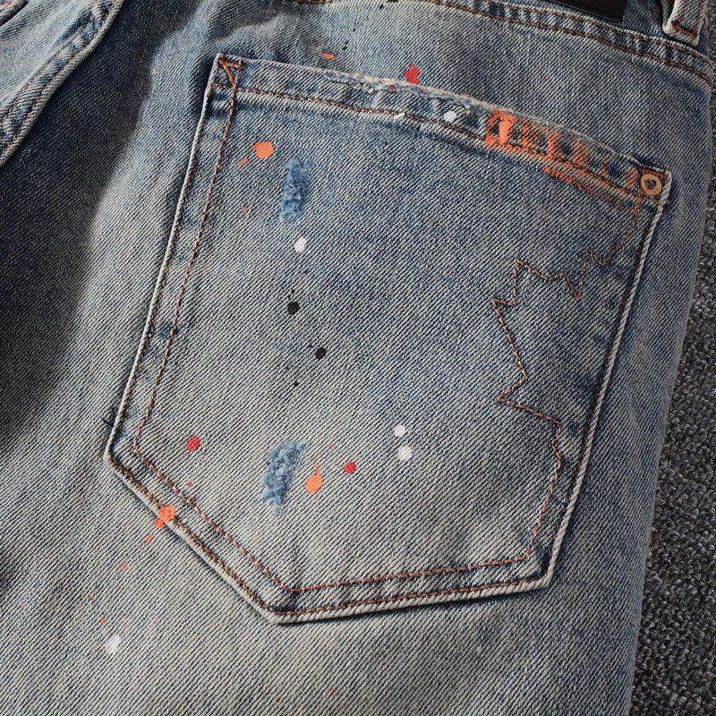 Summer Style Fashion Men Jeans Retro Gray Blue Elastic Ripped Short Jeans Homme Painted Designer Vintage Casual Denim Shorts Men
