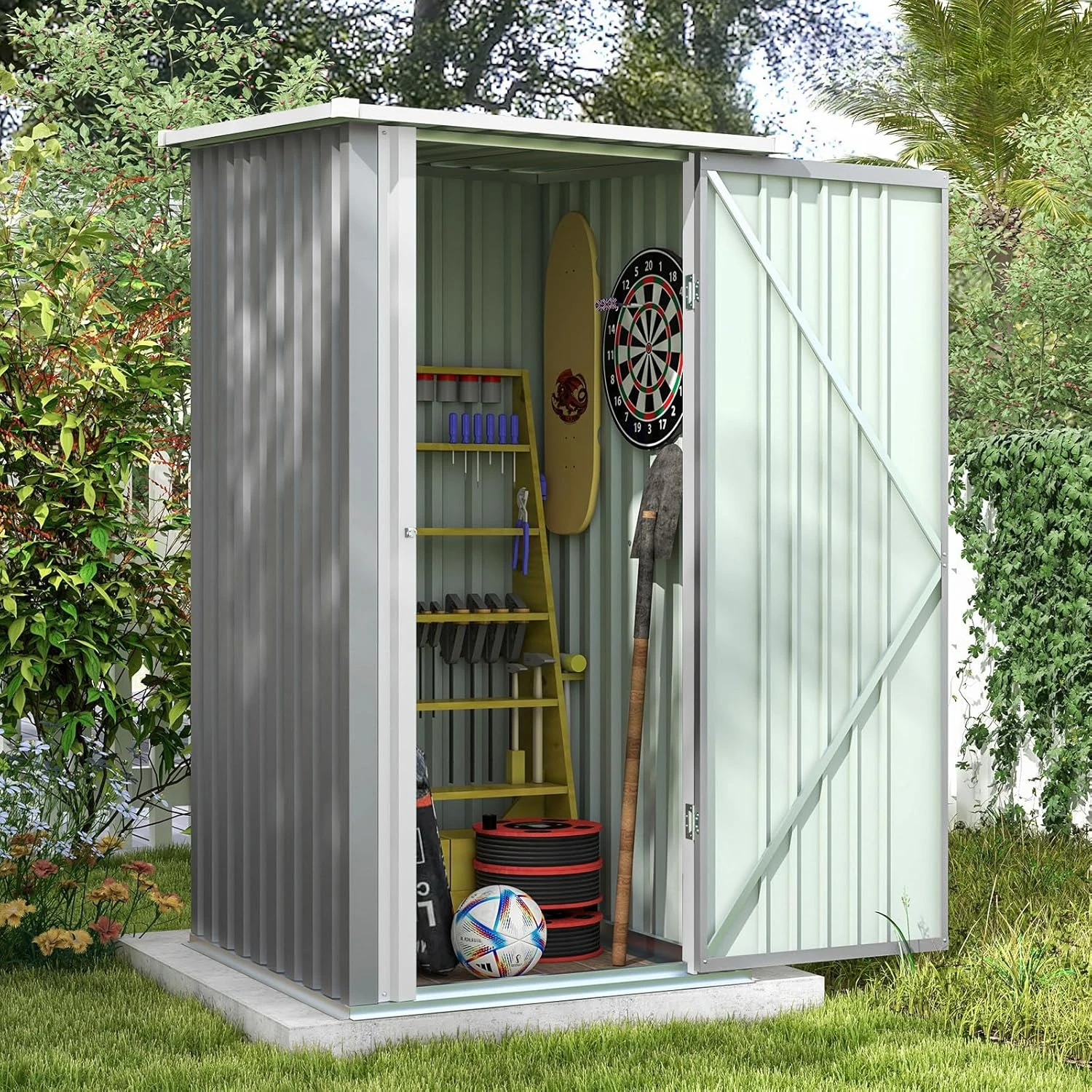 3 x 3 feet outdoor storage shed, small garden tool with sloping roof and single lockable door, backyard garden lawn, gray