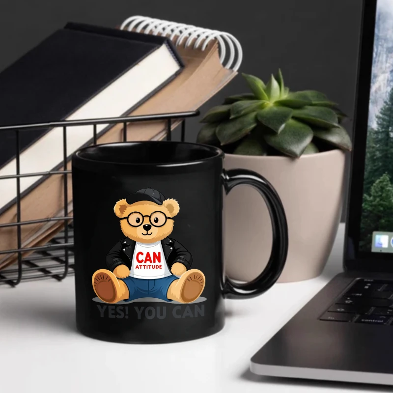 Ceramic mug, black, cute bear with glasses and jacket, with attitude text 