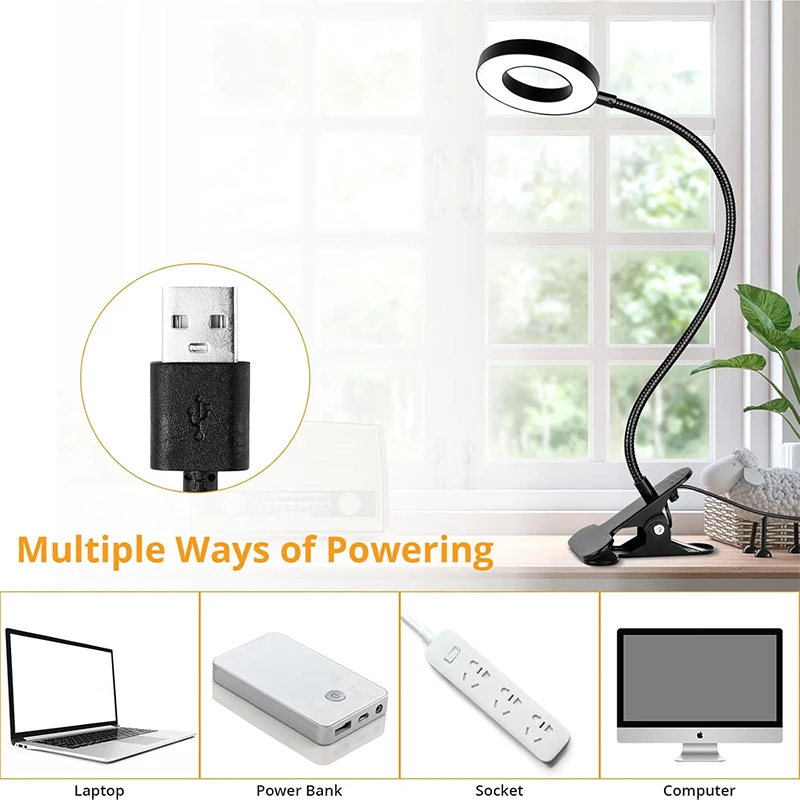 Reading Desk Lamp Bed Dimmable, 3 Modes & 10 Dimming Levels USB Clamp Lamps 360° Flexible Book Clip, image 5