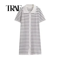 TRAF Vintage Striped Knitted Dress Women Spring Summer Thin Straight Polo Neck Long Dresses Single Breasted Casual Dress﻿