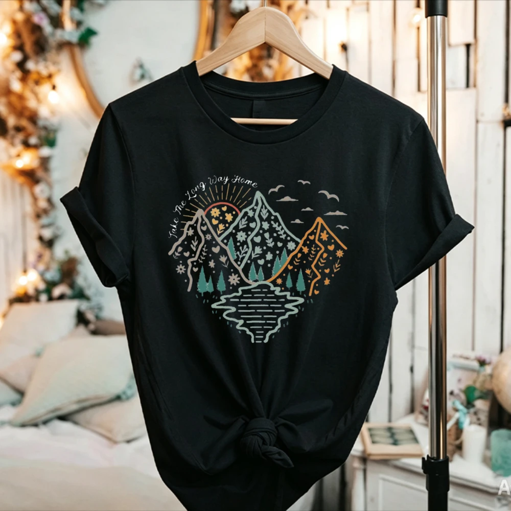 Heart Shape Mountain Lake Sun Birds Graphic T-Shirt Boho Outdoor Wilderness Nature Travel Hiking Enthusiast Casual Cotton Tees