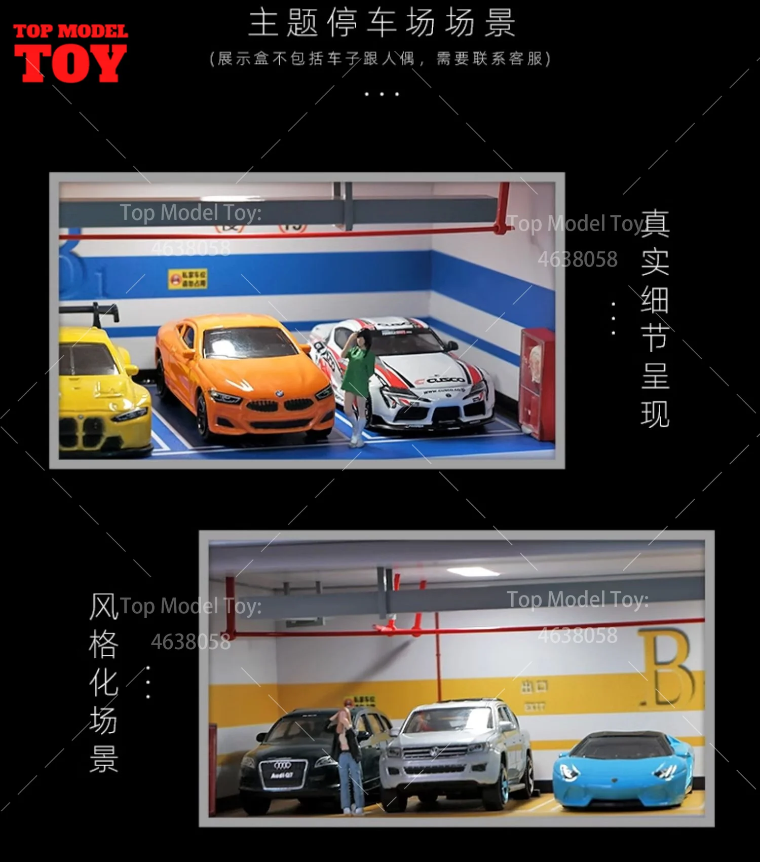 1/64 Scale Simulate Miniature Scene Parking Lot Garage Scene Model with Light Storage Display Box Mini House Props for Fans