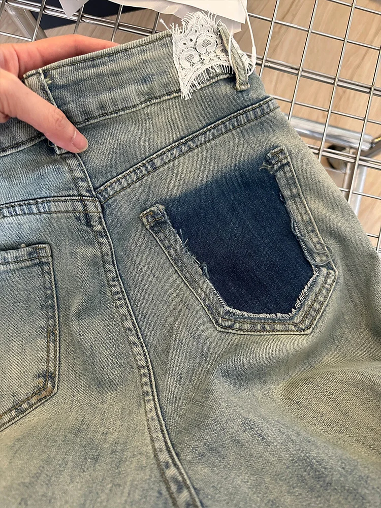 하이웨이스트 스트레이트 레그 다이아몬드 장식 레이스 허리 데님 청바지 여성용 가을 겨울 루즈핏 바닥 길이 바지