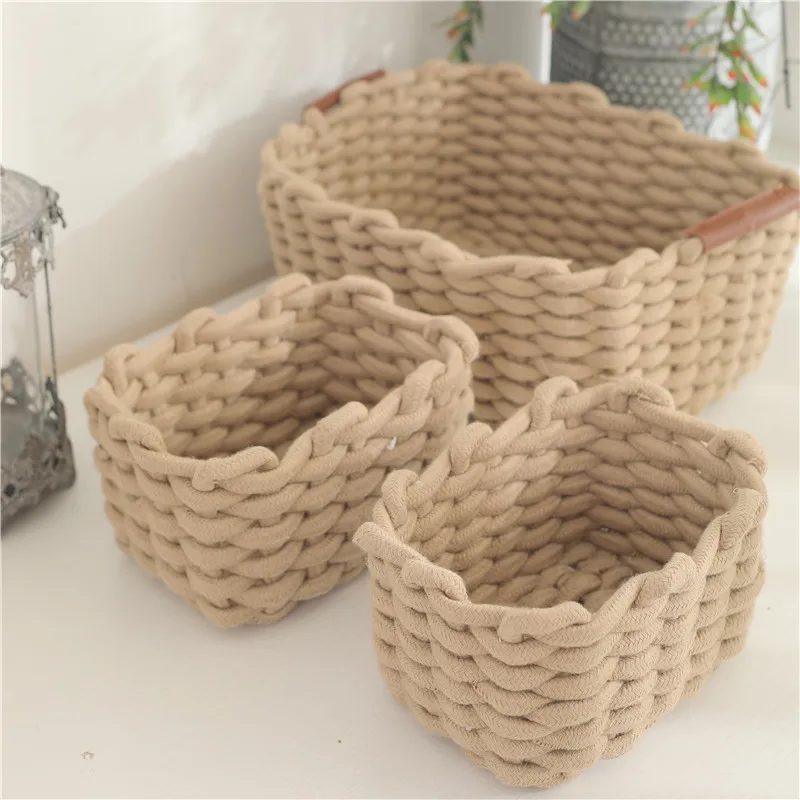 

1/3pc Cotton Rope Woven Storage Basket Sundries Cosmetic Storage Box Toys Snack Home Desktop Makeup Organizer Cotton Baskets