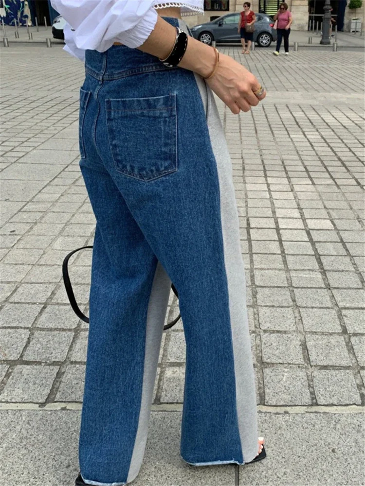 REALEFT Patchwork Casual Women\'s Denim Pants 2024 New Vintage Pockets High Waist Full Length Wide Leg Ladies Jeans Pants Female