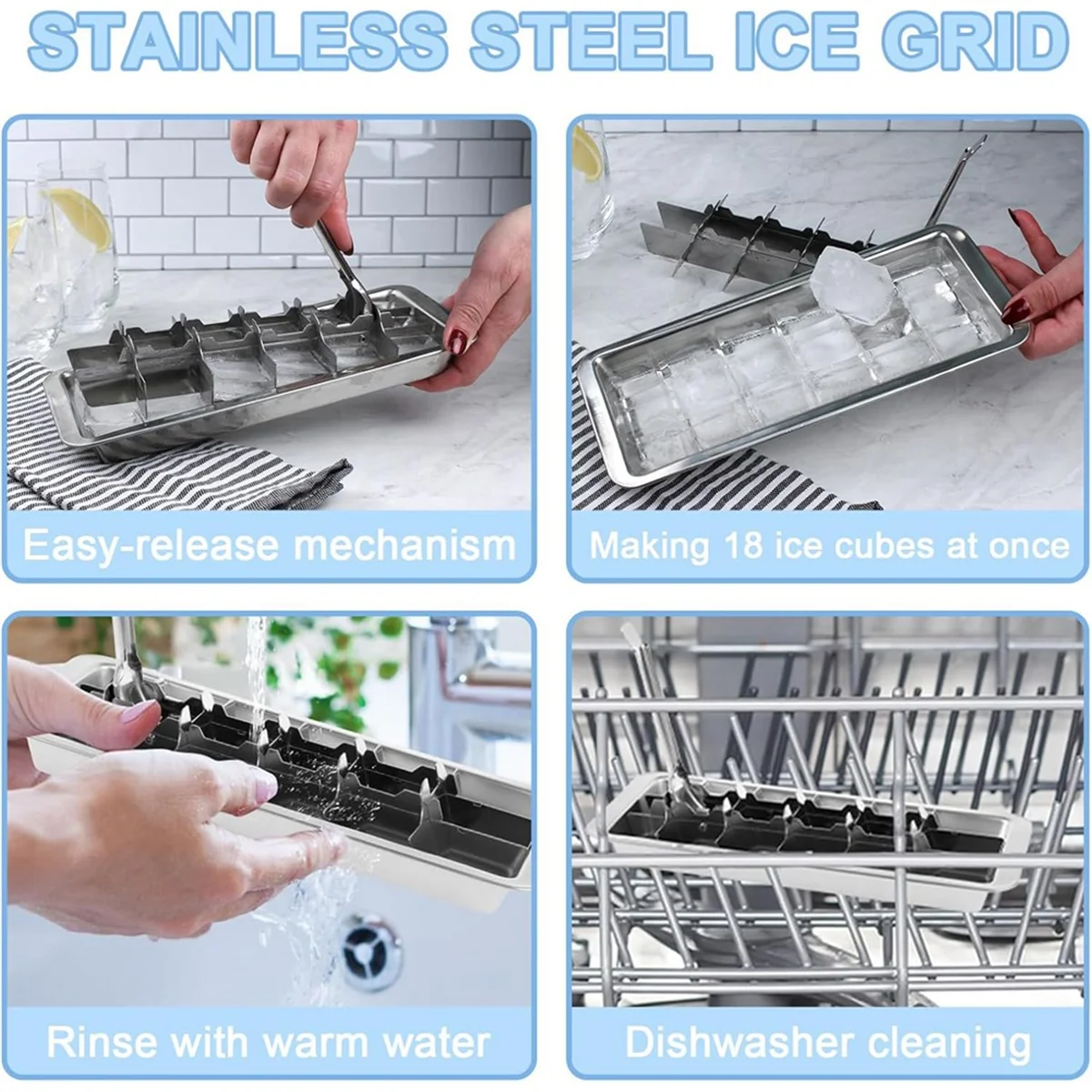 A03R Stainless Steel Trays for Freezer, Metal Ice Tray with Lever, Vintage Inspired Icecube Tray for Kitchen & Bar