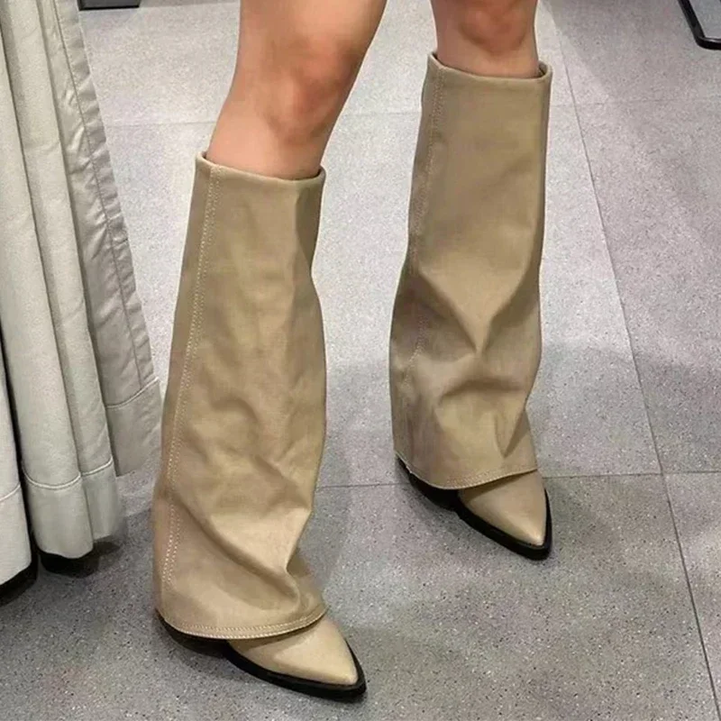 Knee High Heels Women Boots Leather Chunky Fashion Shoes Pointed Toe Snow Long Boots New Designer Pumps Punk Chelsea Botas Mujer image 3