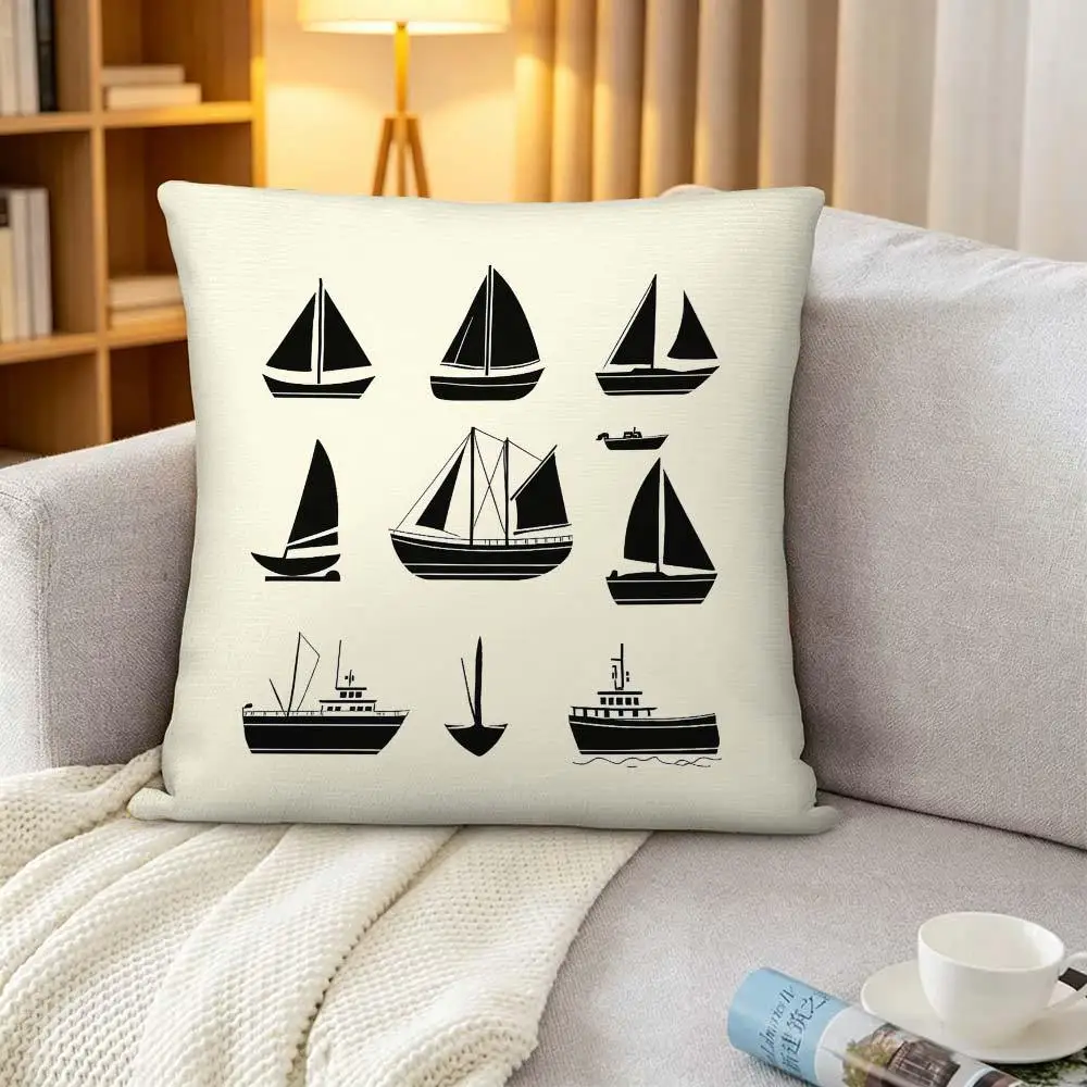 Vintage Sailboat Pillowcase, Nautical Ship Silhouette Cushion Cover Beige Marine Decor Retro Ocean Art Throw Pillow Home Textile