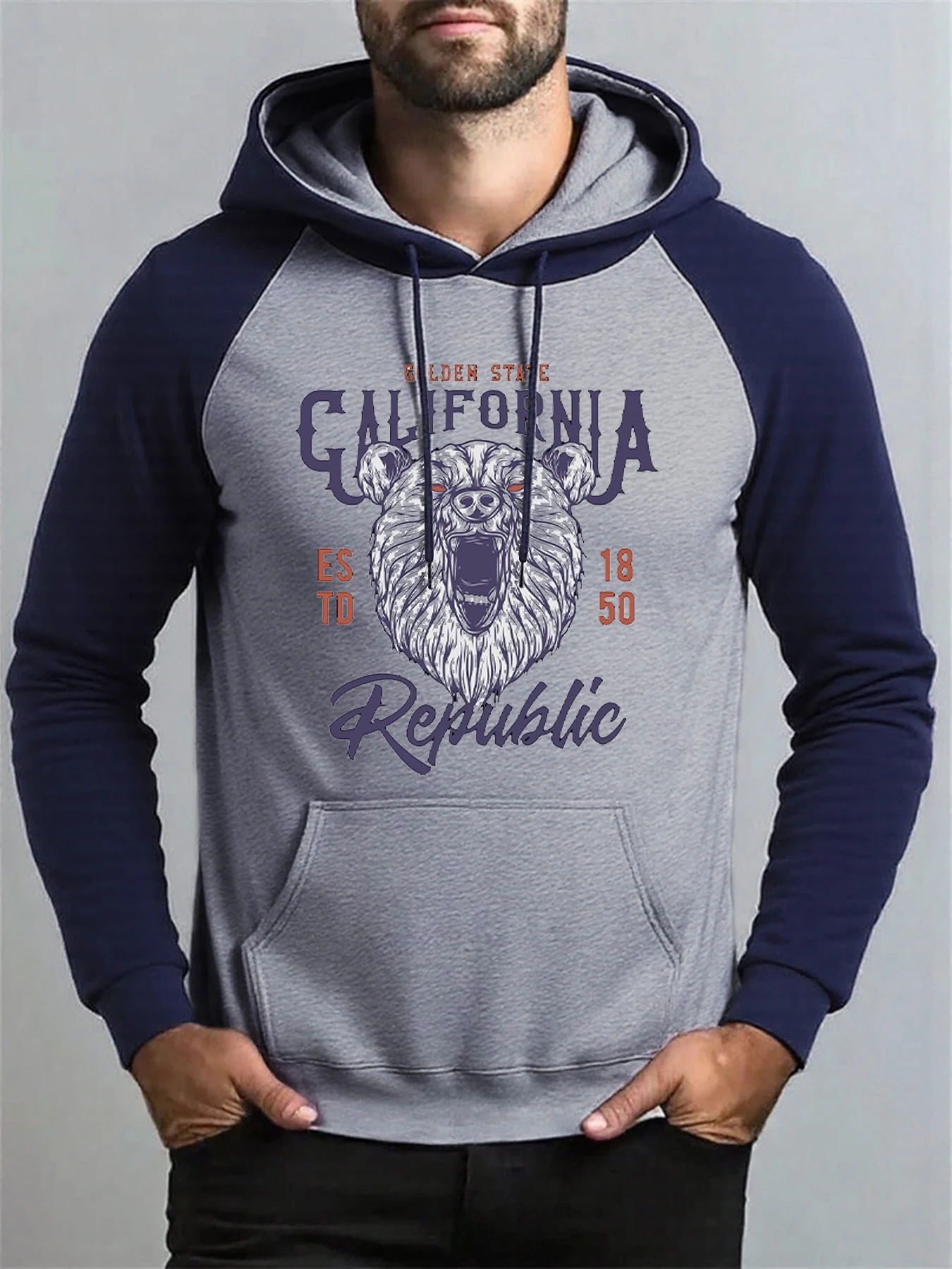 

California Republic Bear Printing Raglan Hoody Men Fleece Harajuku Hoodie Fashion Multicolor Pullover Loose Pocket Unisex Top