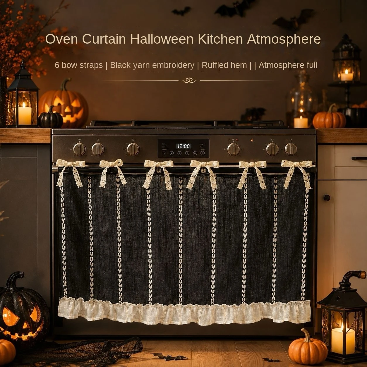 Halloween Kitchen Oven Cover Black Tulle Ruffle Embroidery Bow Tie Curtain Window Valance Home Decor