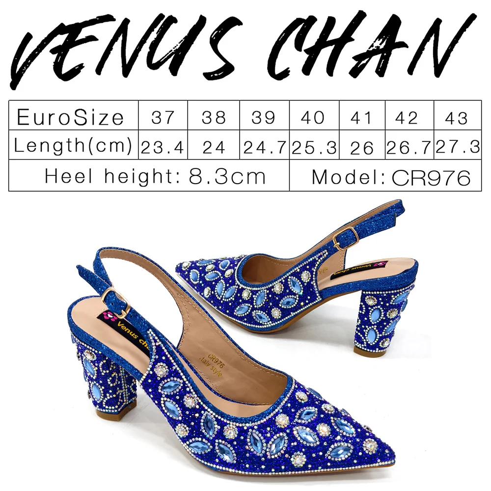 Venus Chan 2025 Elegant Nigerian Women\'s Blue Heels and Rhinestone Handbag Set - Italian Design for Weddings and Parties