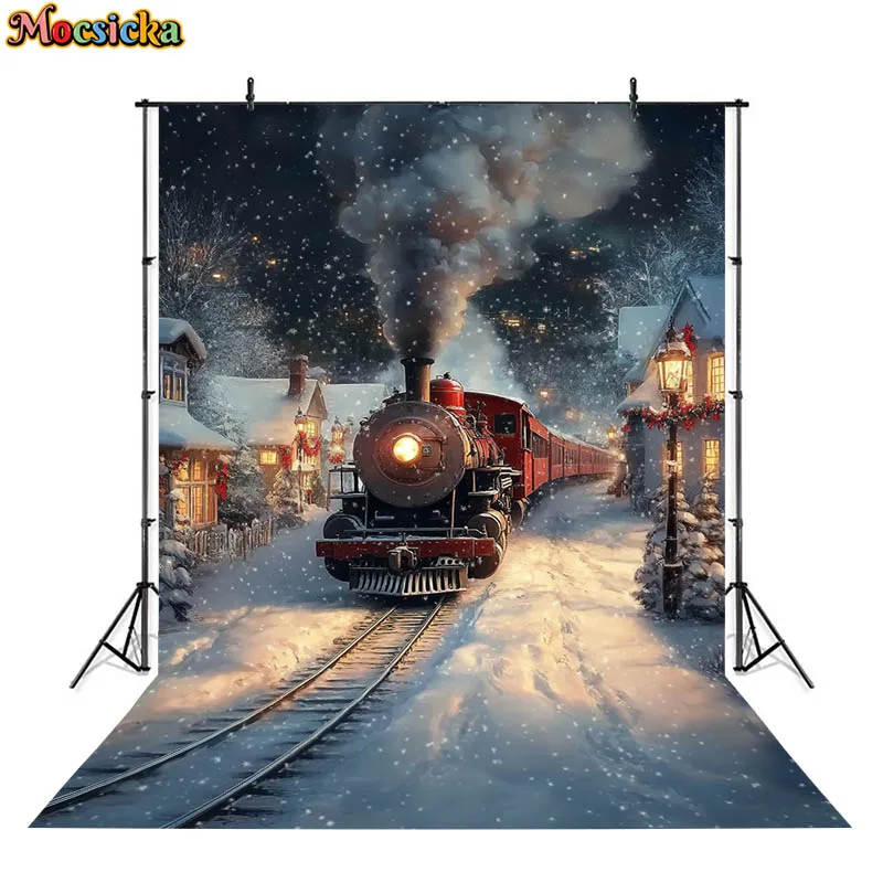 Mocsicka クリスマストレイン背景写真機関車ハウスギフト冬雪の木の装飾子供ベビー背景写真スタジオ