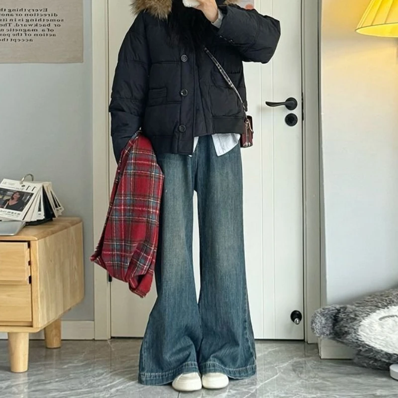 

2025 New Down and Cotton Jacket for Women, Short, Thick, Loose, Big Fur Collar, Small Winter Coat