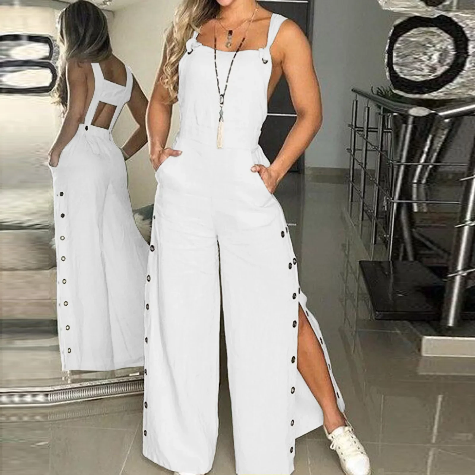 

Women Jumpsuit Summer Sleeveless Solid Color Wide Leg Pockets Loose Strappy Playsuit Overall Wide Leg Pockets Mono Mujer Verano