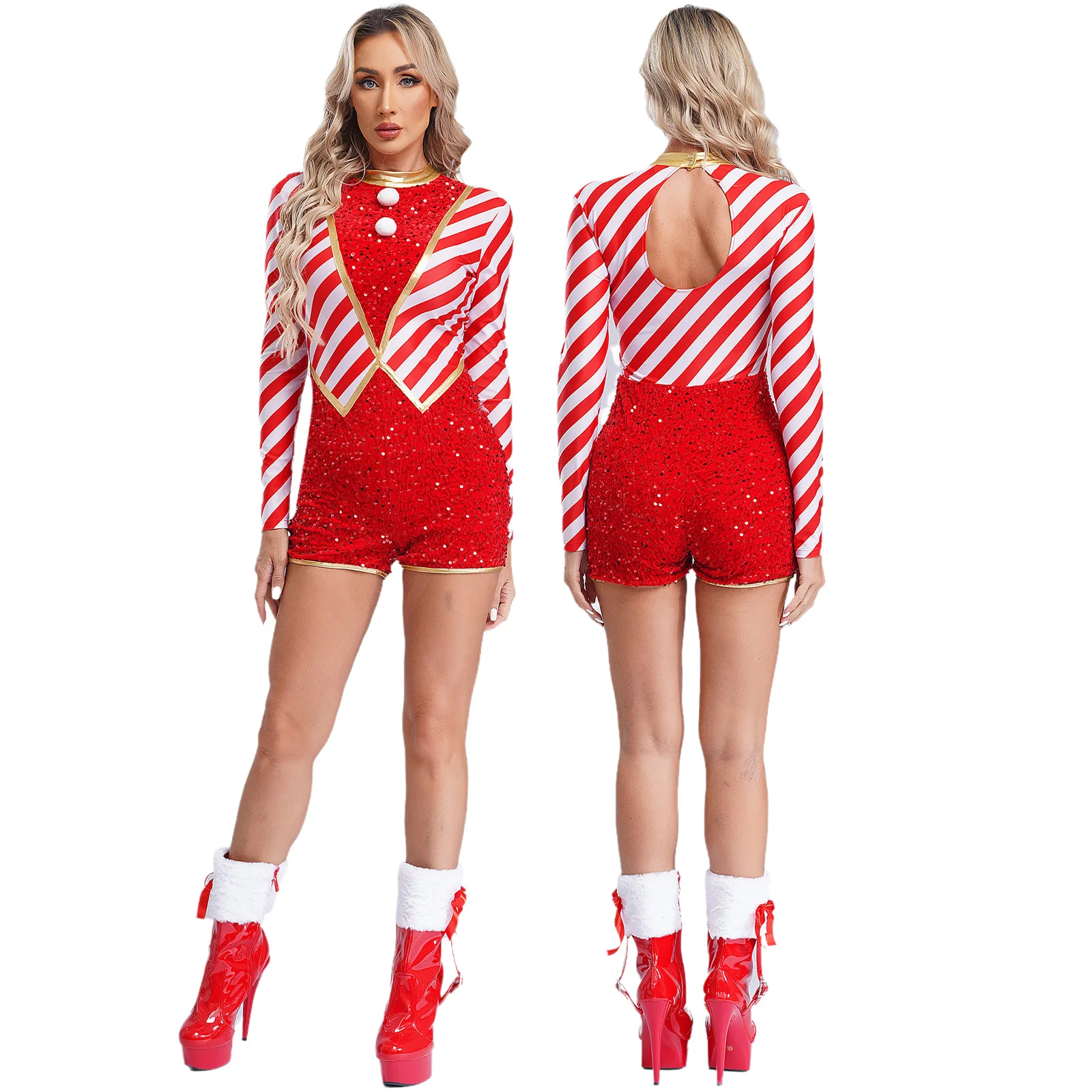 

Women Christmas Candy Cane Jumpsuit Long Sleeve Sequins Stripes Pompoms Bodysuit Jumpsuit Xmas Party Santa Claus Cosplay Costume