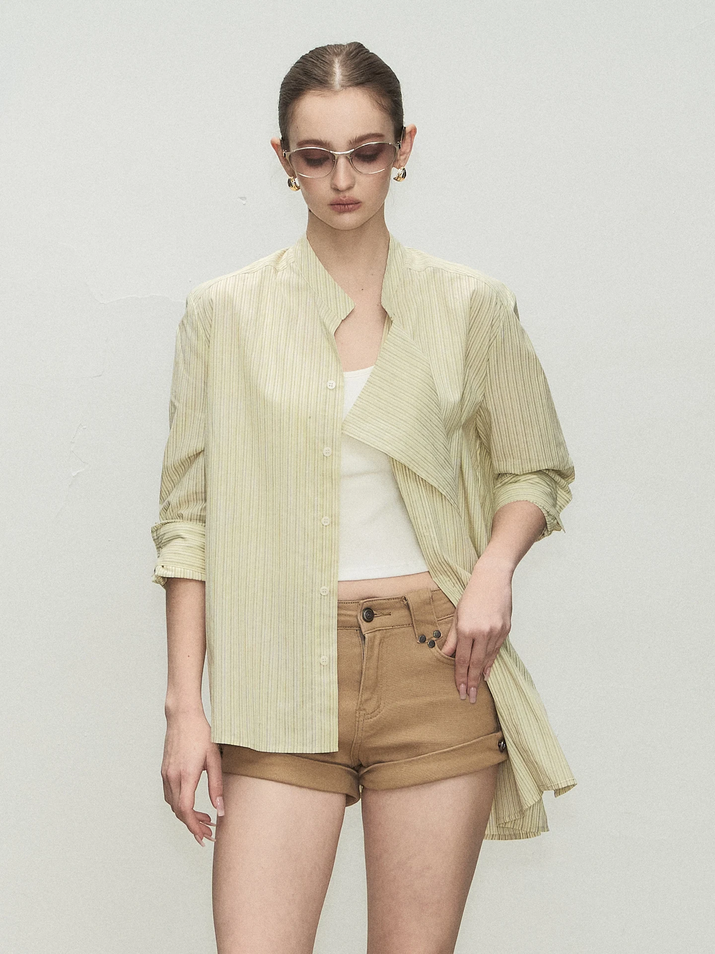 

Fumisme Wild Breath Loose Fit Striped Shirt Green Casual Draped Feeling Women's Long Sleeve Breathable Comfortable Summer Shirt