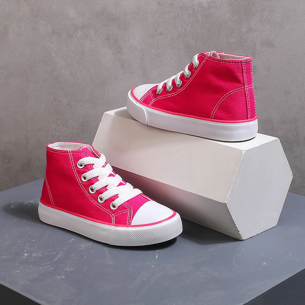 COMFY KIDS Toddler Girls Bright Pink High Top Canvas Shoes 2-10Y Lace-up Breathable Durable Sole Casual Daily School Shoes