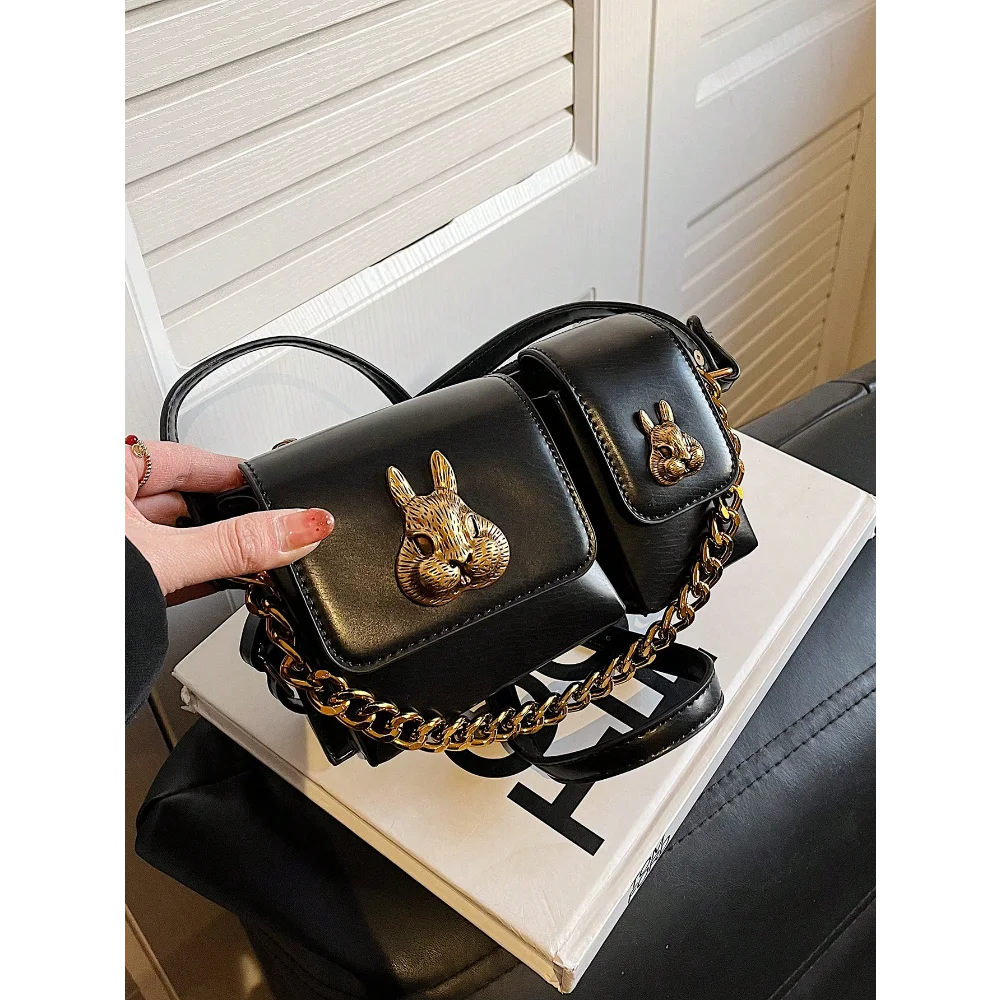 Retro Rabbit Head Decorative Crossbody Bag Fashionable Chain Mini Handbag Retro Multi Pocket Women's Shoulder Bag